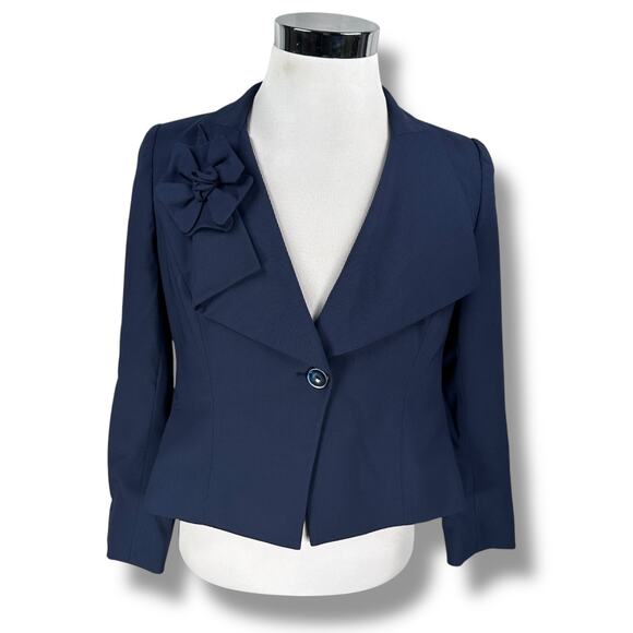 Armani Collezioni Blazer Jacket Women’s 12 Navy Floral Applique Waterfall Lapel - Picture 1 of 11